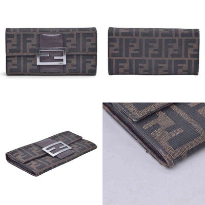 $580 DAMAGED FENDI Canvas FF Zucca Buckle Continental Flap Wallet Brown CONSIGNMENT 10021588