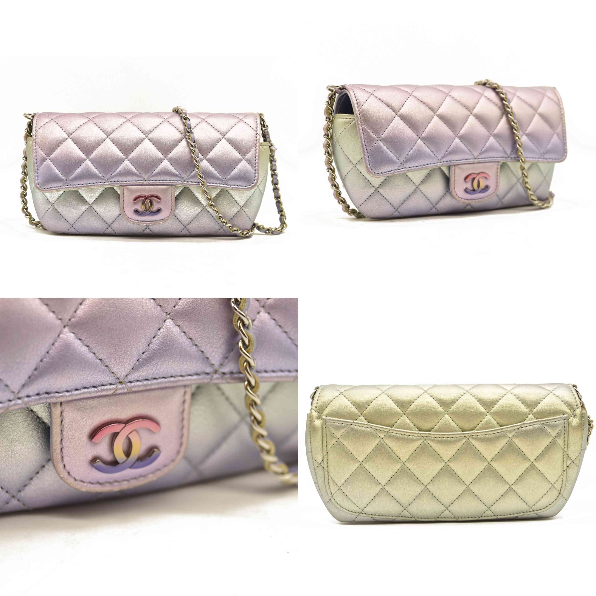 Chanel  Gradient Metallic Calfskin Quilted Glasses Case With Chain Silver Blue Yellow Purple