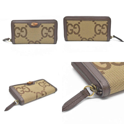 $850 CONSIGNMENT Gucci  Monogram Jumbo GG Textured Dollar Calfskin Diana Zip Around Continental Wallet Camel Ebony New Acero