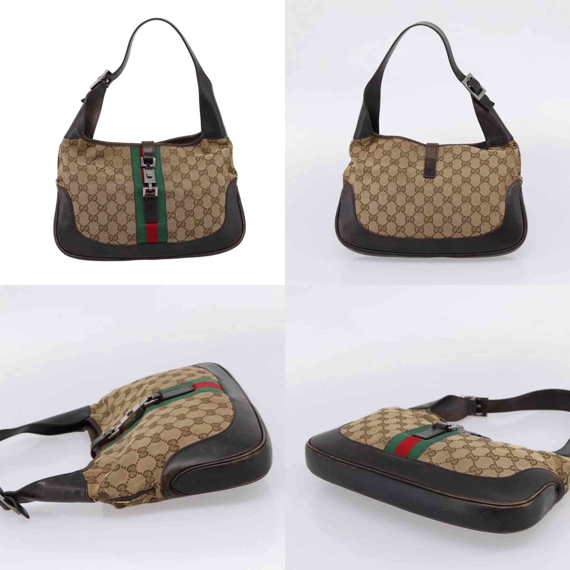 $1400 Gucci Web Jackie Leather and Canvas Supreme Hobo
