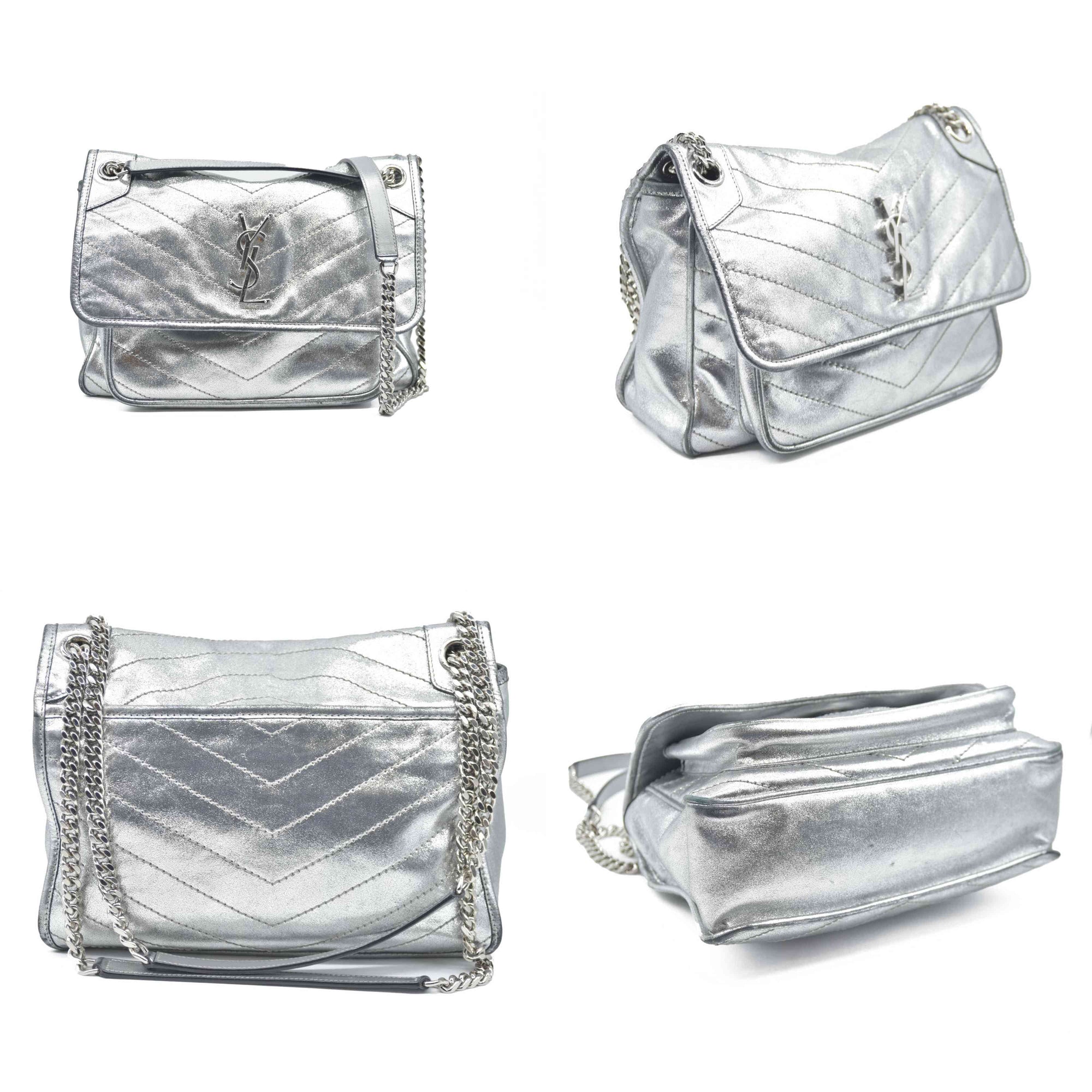 $2590 2019 Saint Laurent Leather Medium Metallic Niki Silver