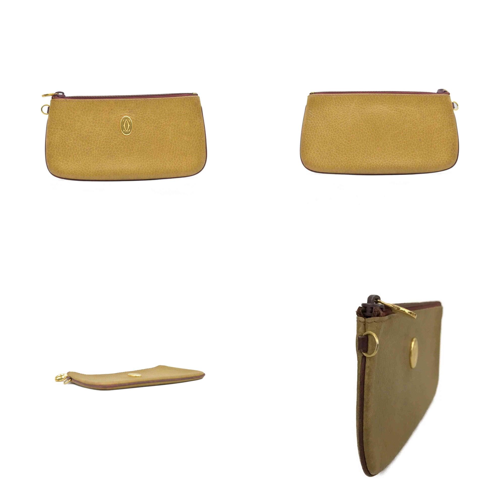 $650 CARTIER Logo Leather Cosmetic Pouch Beige