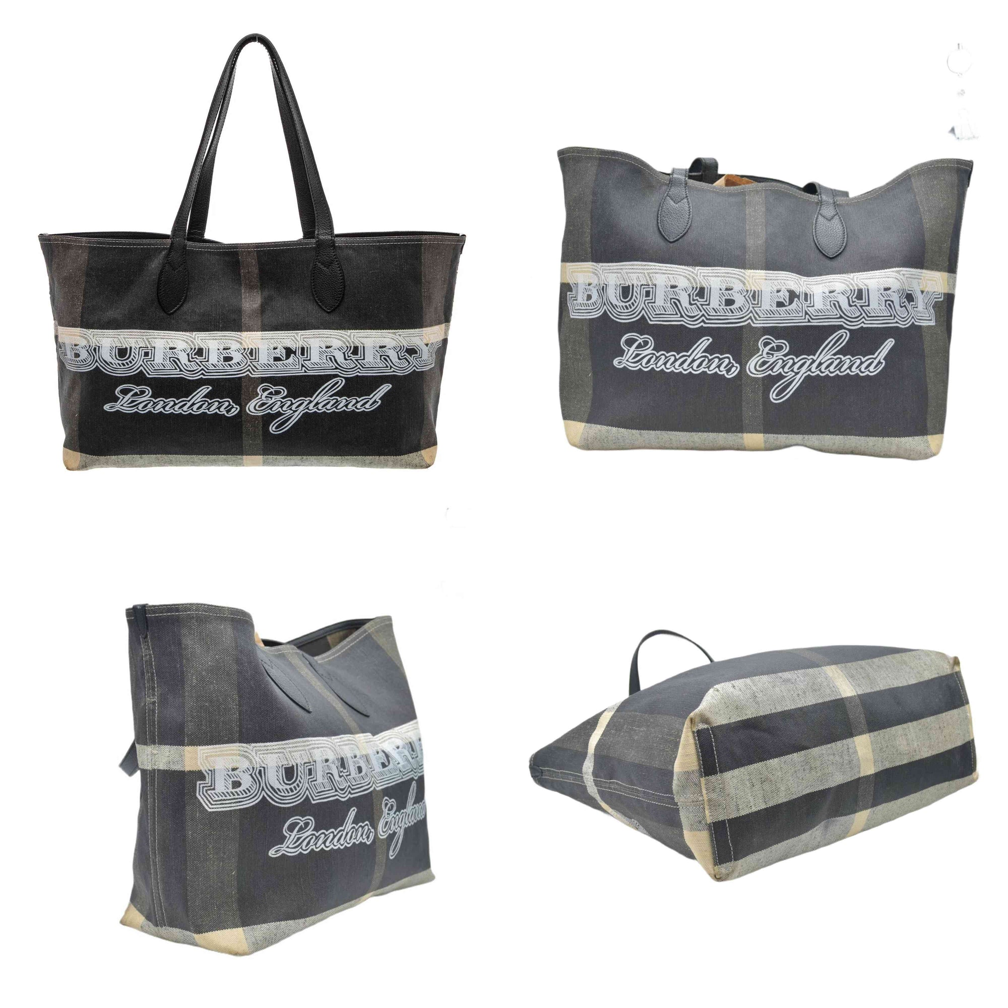 $900 Burberry Coated Canvas Mega Check Medium Doodle Tote Black White