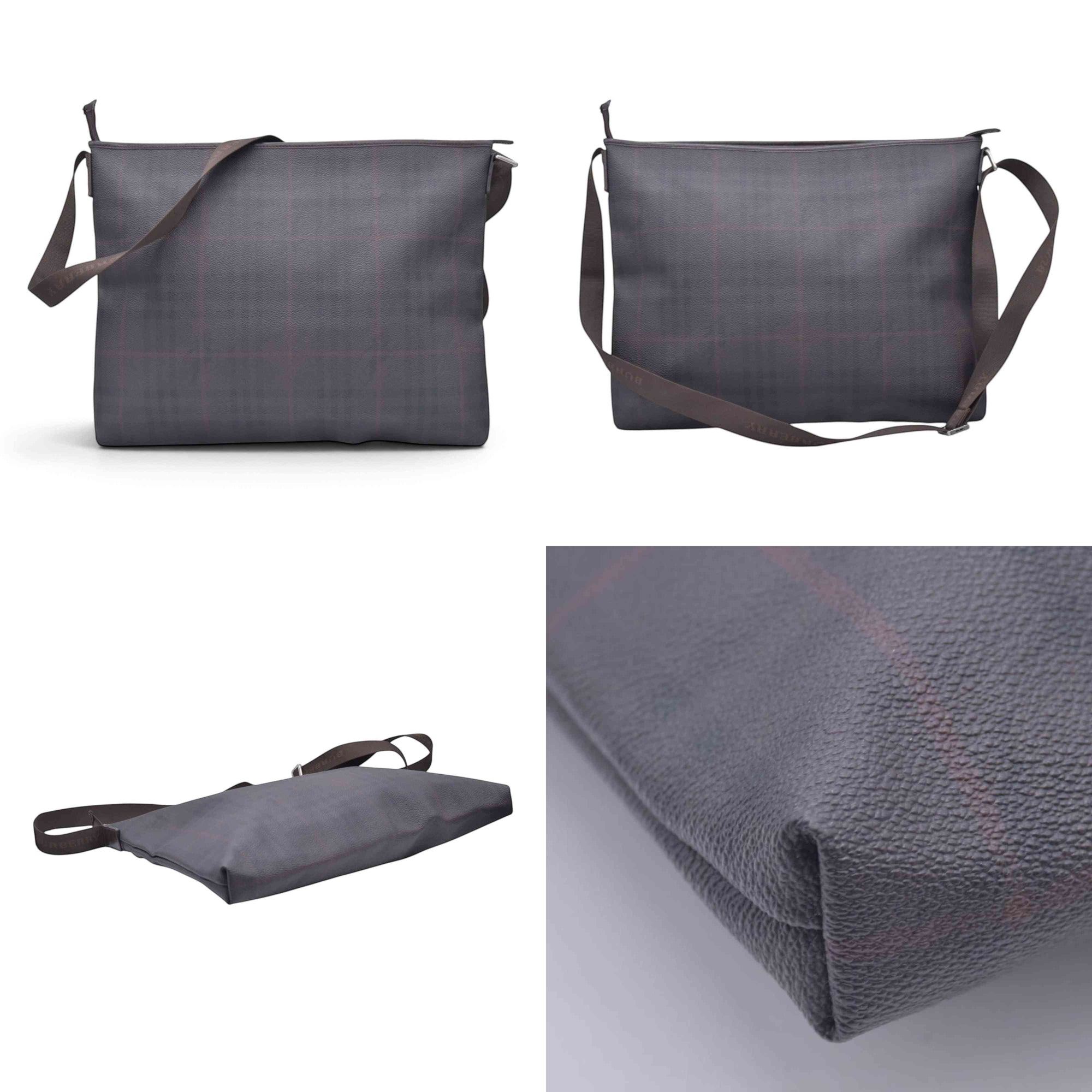 $780  BURBERRY Coated Canvas Check Flat Messenger Bag Dark Brown CONSIGNMENT 10021351