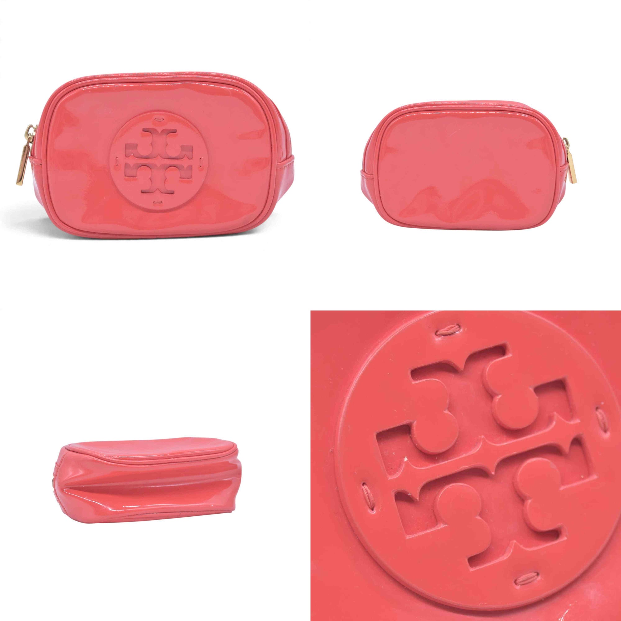 $180 TORY BURCH Patent Leather Double T Logo Cosmetic Pouch Coral Pink CONSIGNMENT 10021422