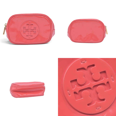 $180 TORY BURCH Patent Leather Double T Logo Cosmetic Pouch Coral Pink CONSIGNMENT 10021422