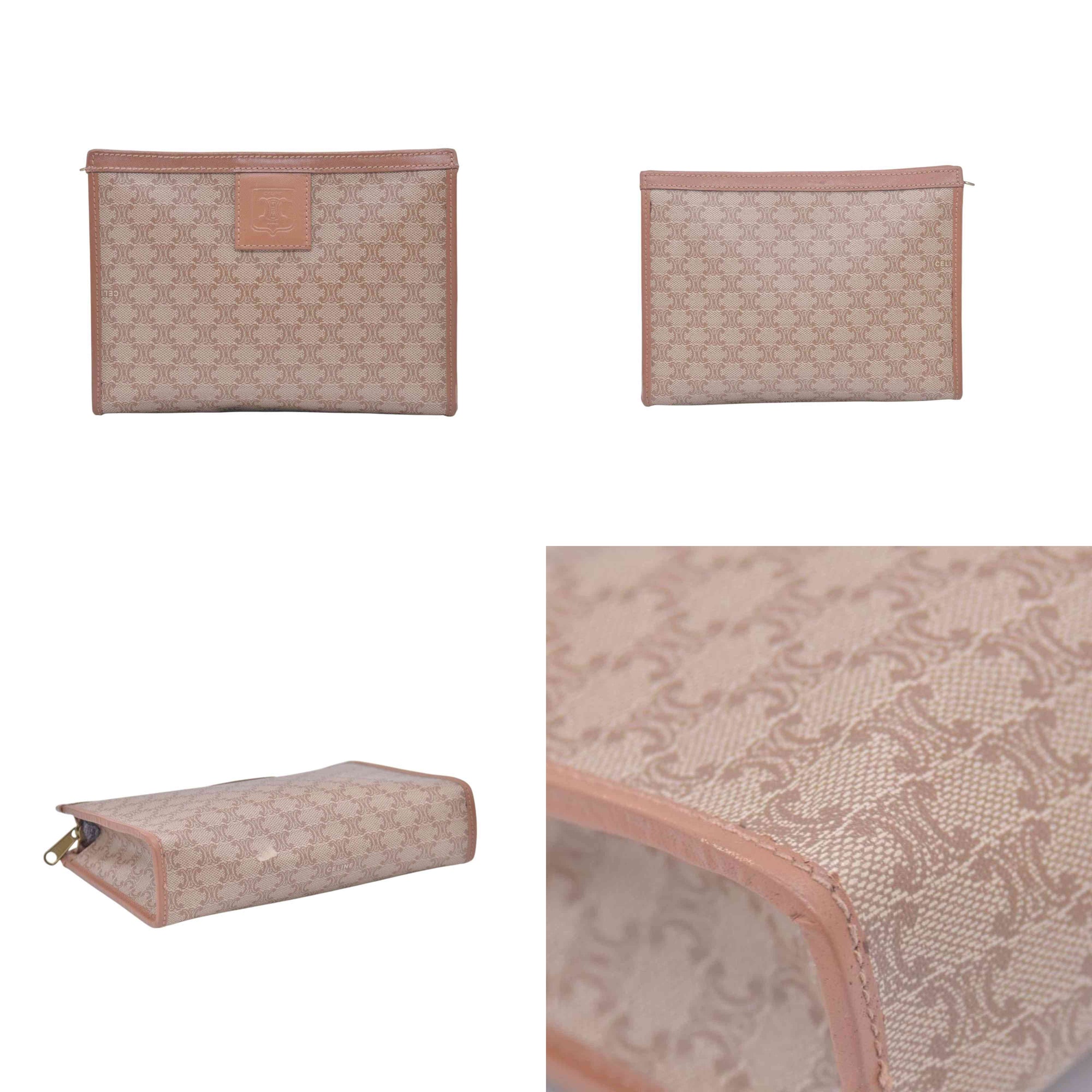 $550 CELINE Vintage Macadam Canvas Leather Trim Clutch Pouch Beige CONSIGNMENT 10021236