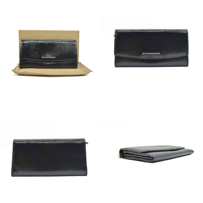 $620 Burberry Grainy Calfskin Patent Black Leather Porter Continental Wallet Black CONSIGNMENT