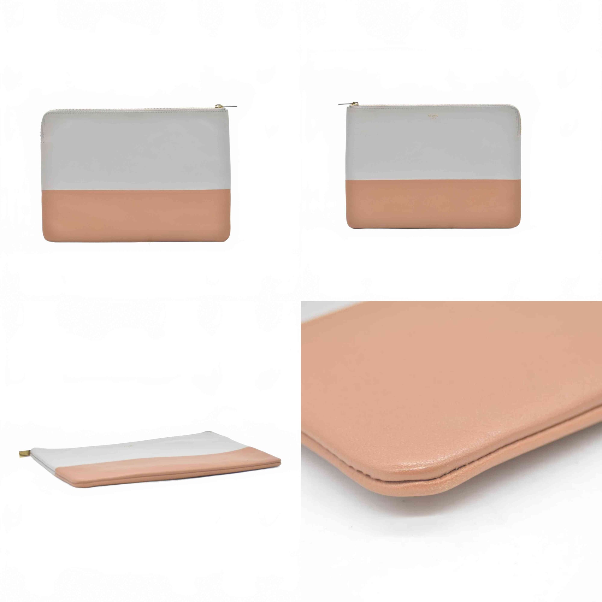 $520 Celine Fluo Grey Beige Leather Bi-Color Clutch Pouch Bag CONSIGNMENT