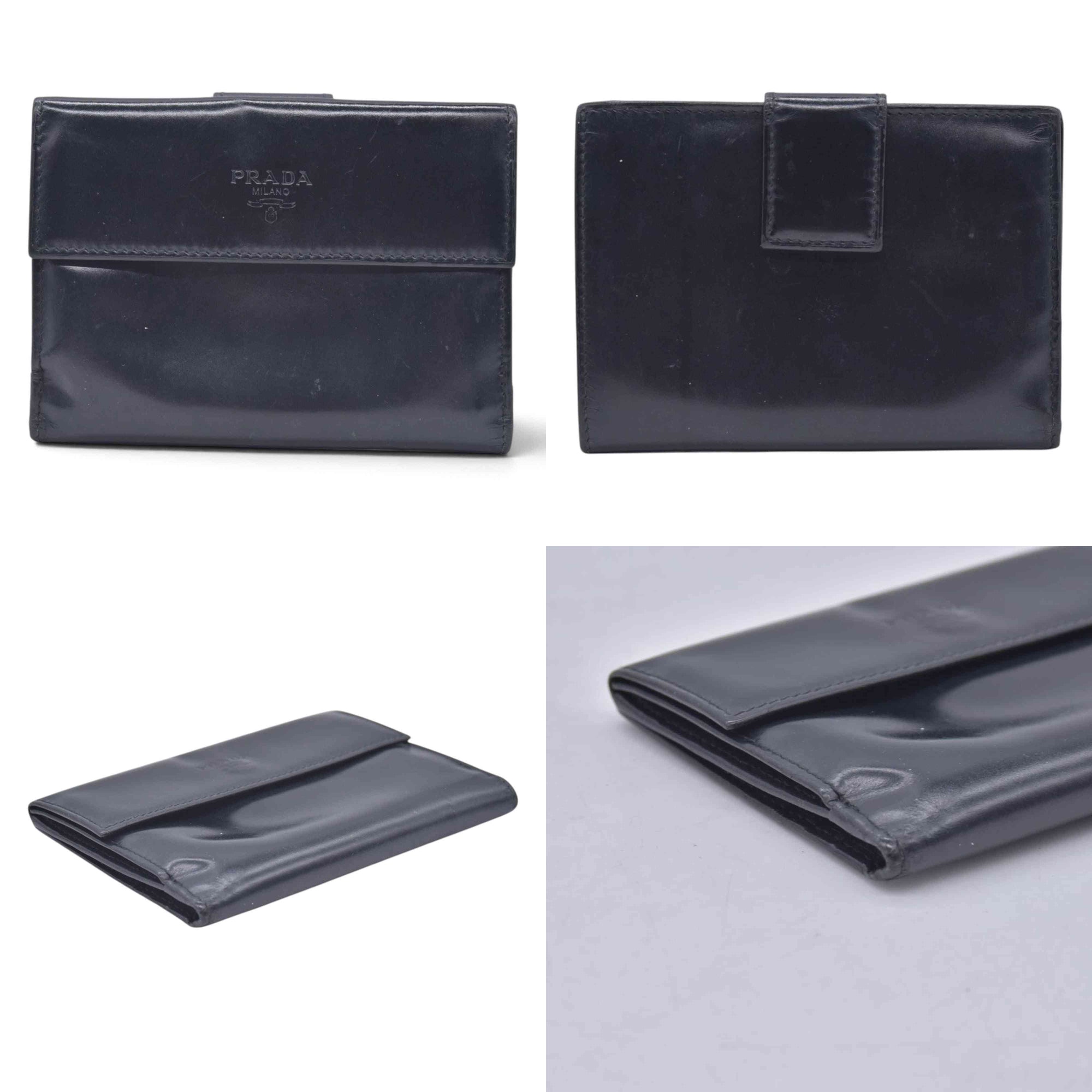 $520 PRADA Spazzolato Embossed Logo Flap Compact Wallet Navy Blue CONSIGNMENT 10021596