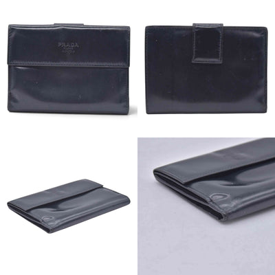 $520 PRADA Spazzolato Embossed Logo Flap Compact Wallet Navy Blue CONSIGNMENT 10021596