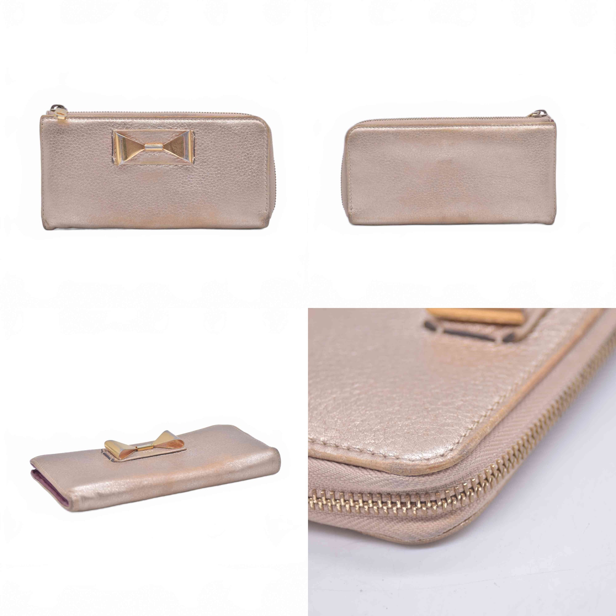 $550 Chloe Bobbie Bow Zip Around Gold Leather Wallet 10020988