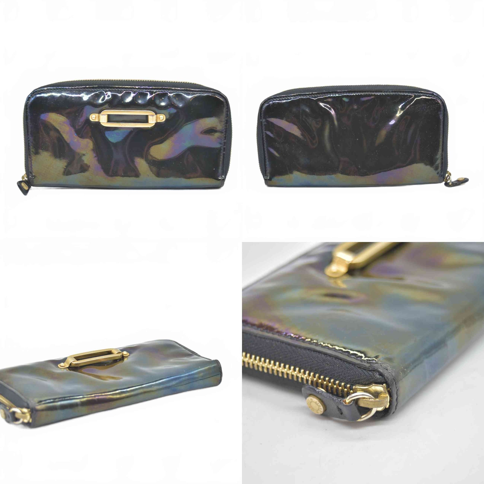 $595 Jimmy Choo CONSIGNMENT Wallet Black Zip Around Petrol Patent