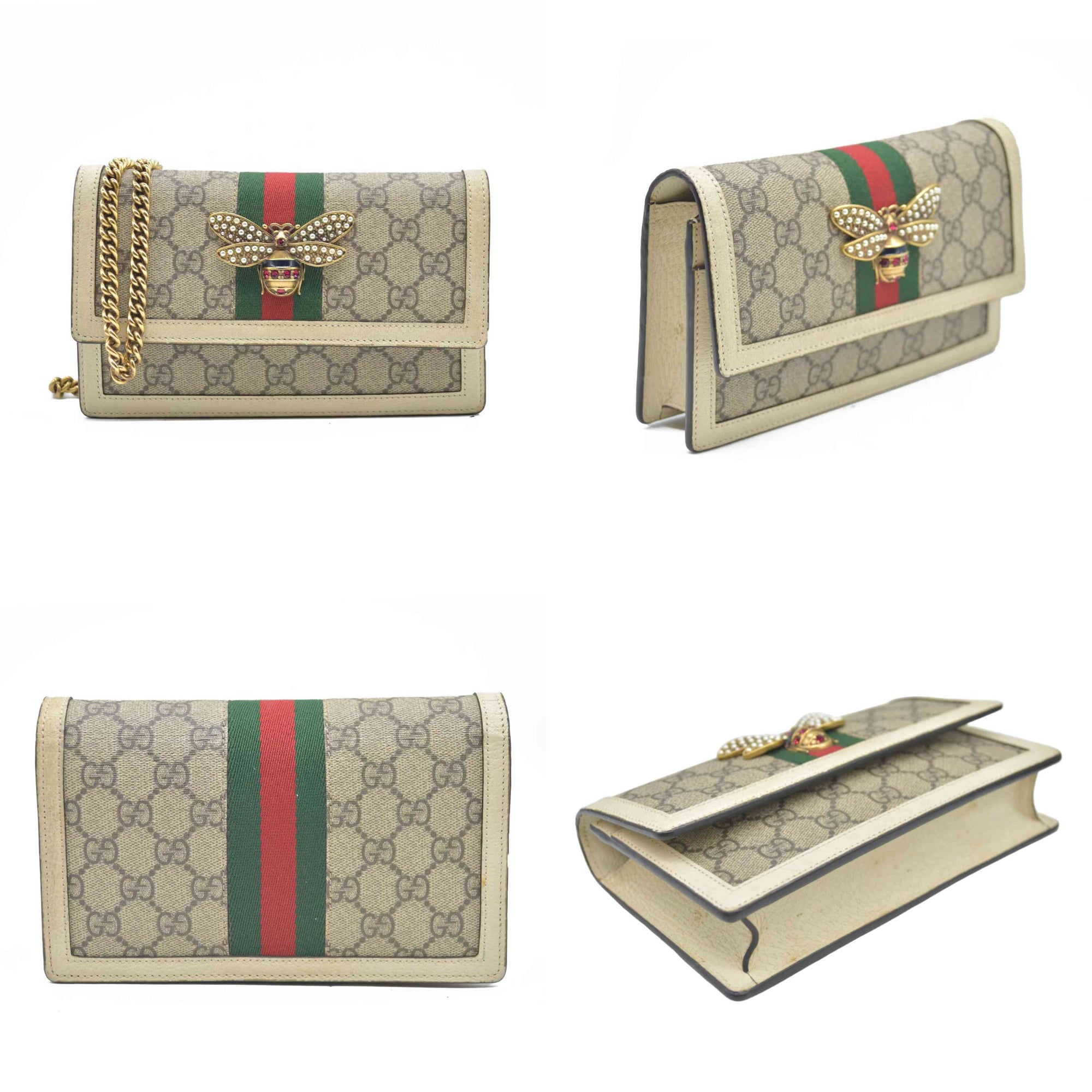 Gucci  GG Supreme Monogram Web Queen Margaret Chain Wallet White