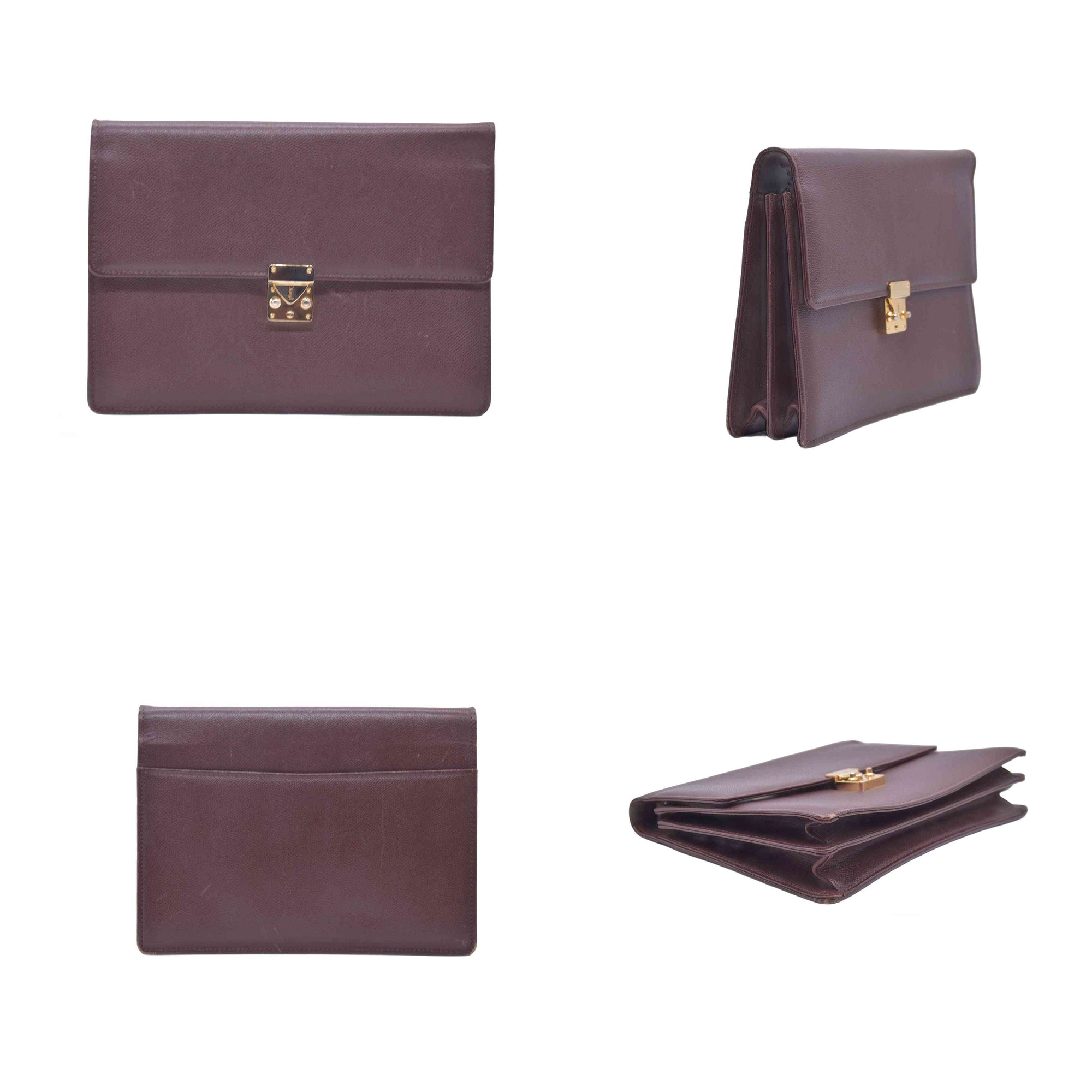 $850 SAINT LAURENT Textured Leather Push Lock Clutch Document Case Burgundy CONSIGNMENT 10021193