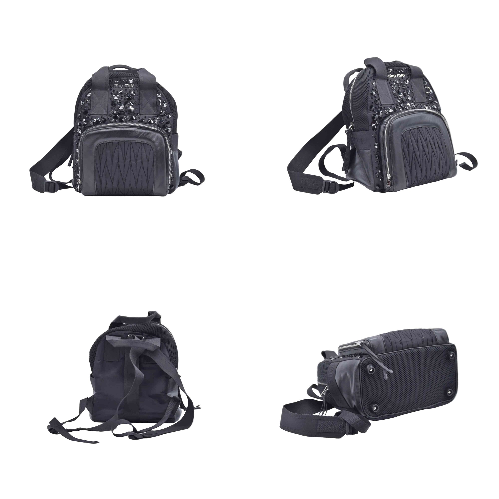 $1950 MIU MIU Leather Trimmed Matelasse Crystal Embellished Nylon Backpack