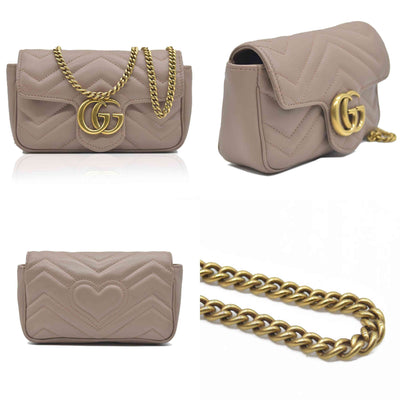 $1450 Gucci Double G Marmont Super Mini Beige Leather Crossbody Bag