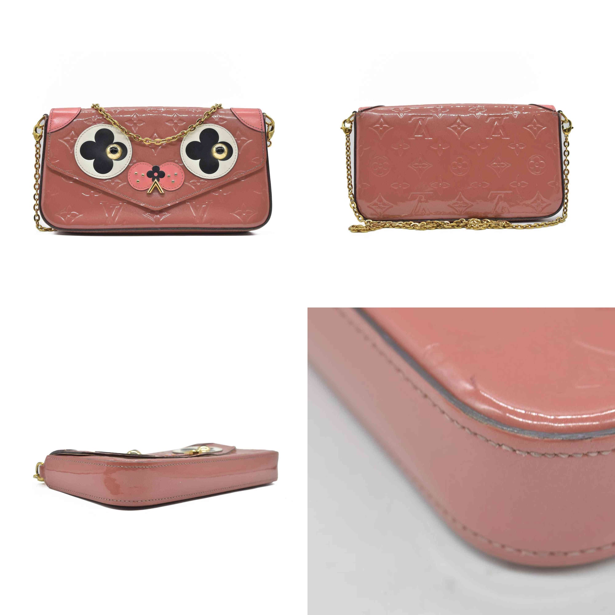 $1460 2018 Louis Vuitton Vernis Valentine Dog Pochette Felicie Chain Wallet Pink TJ0148
