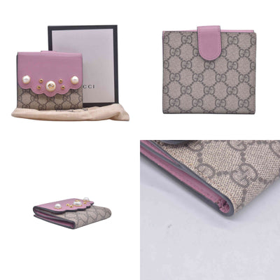 $550 Gucci GG Supreme Monogram Pearl Studded French Wallet Pink CONSIGNMENT