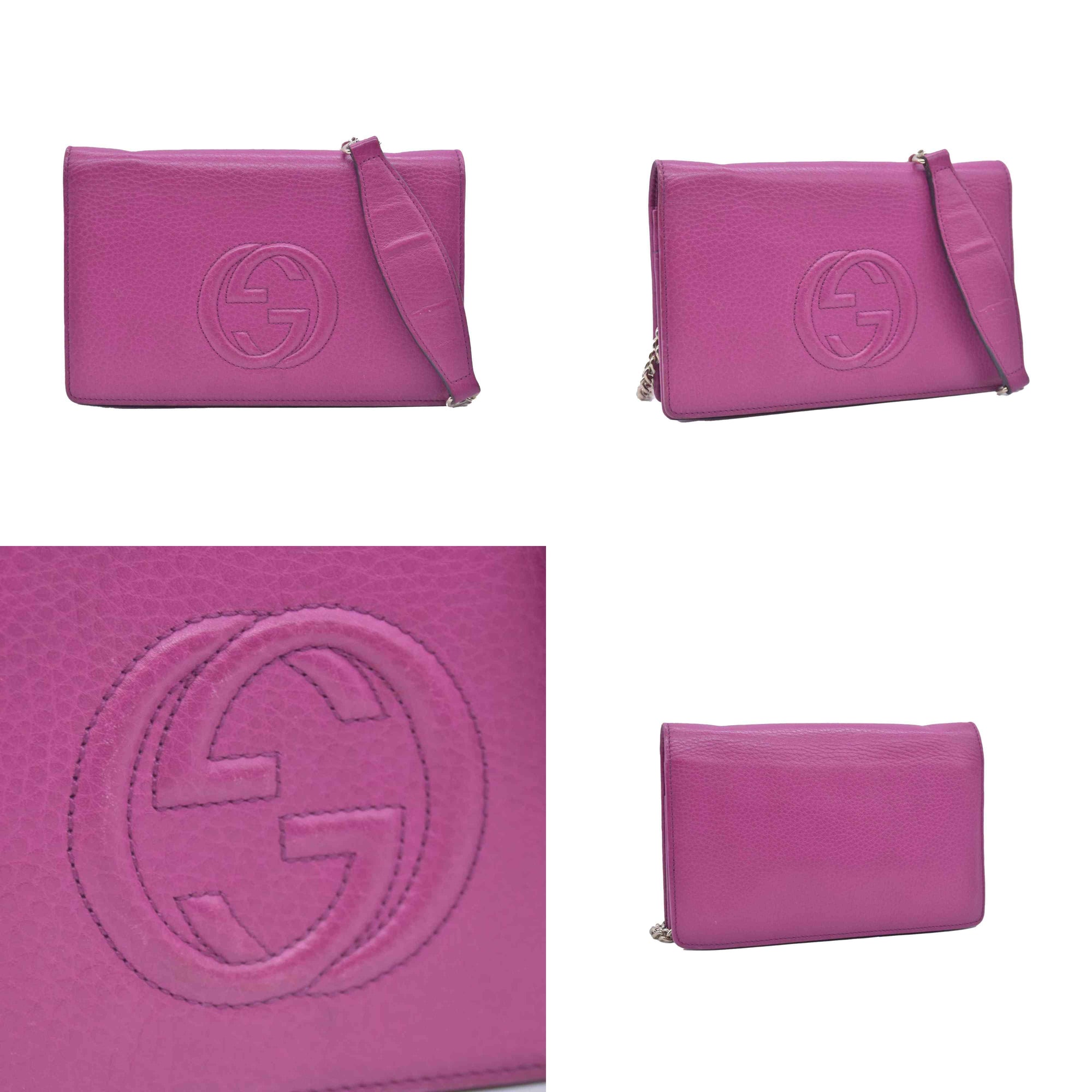 $850 Gucci Pebbled Calfskin Soho Wallet On Chain Fuchsia CONSIGNMENT