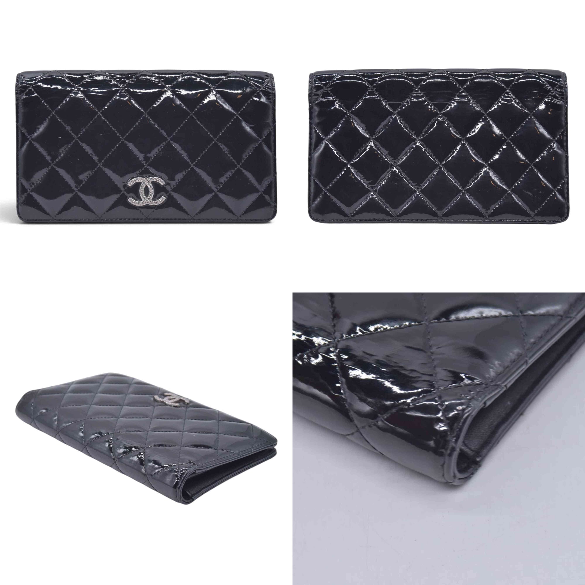 $1050 CHANEL Patent Quilted Filigree CC Flap Wallet Black CONSIGNMENT 10021570