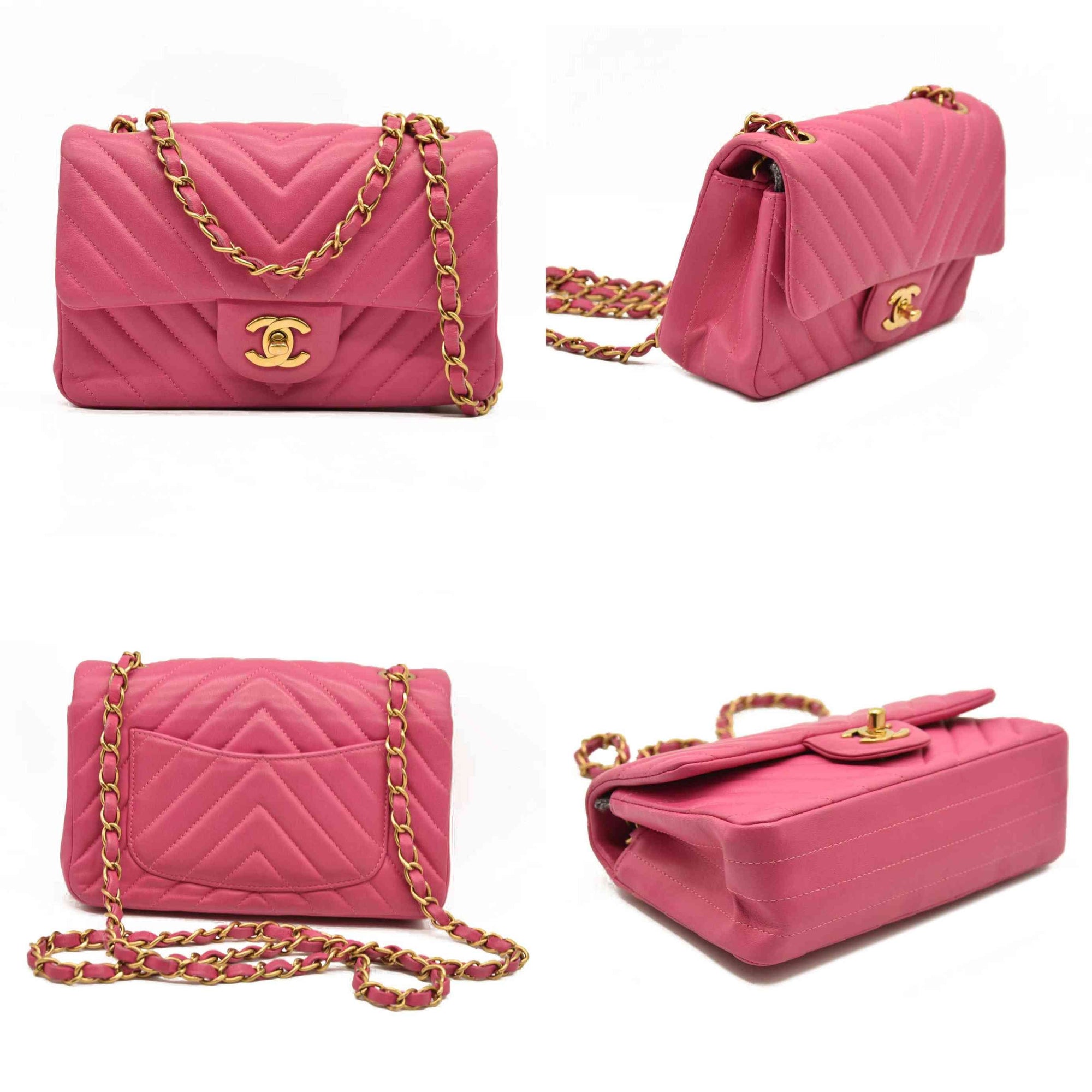 Chanel  Lambskin Chevron Quilted Mini Rectangular Flap Dark Pink 21*