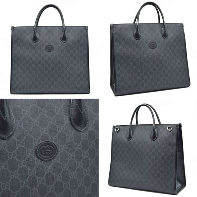 $2150 GUCCI GG Supreme Monogram Textured Dollar Calfskin Medium Retro Interlocking G Tote Bag in Black