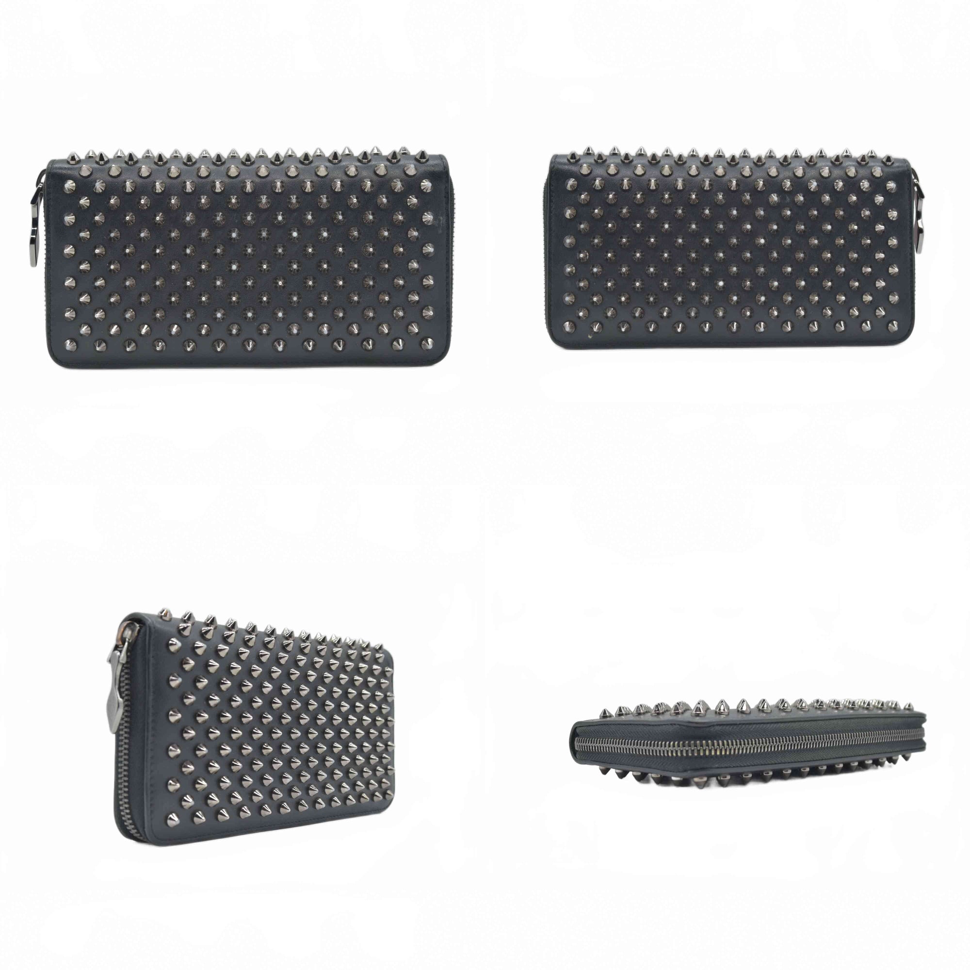 $950 Christian Louboutin Calfskin Panettone Spiked Zip Around Wallet Black