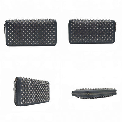 $950 Christian Louboutin Calfskin Panettone Spiked Zip Around Wallet Black