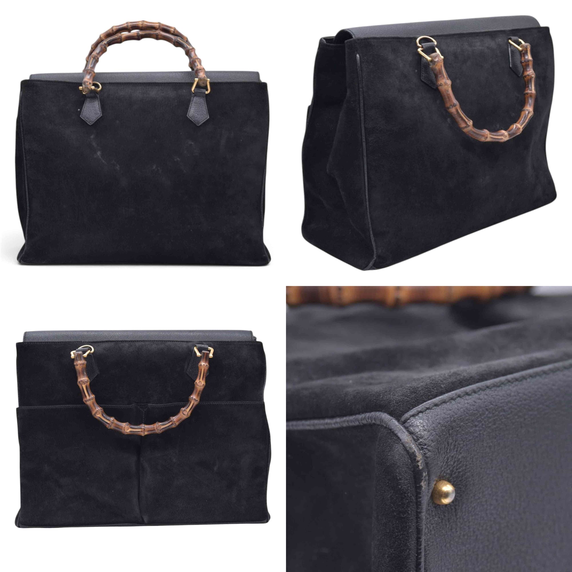 $1850 GUCCI Vintage Black Suede Leather Bamboo Top Handle Bag CONSIGNMENT 10021506