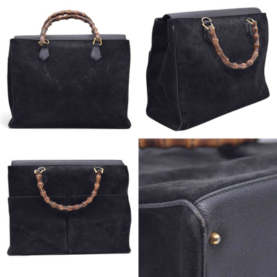 $1850 GUCCI Vintage Black Suede Leather Bamboo Top Handle Bag CONSIGNMENT 10021506
