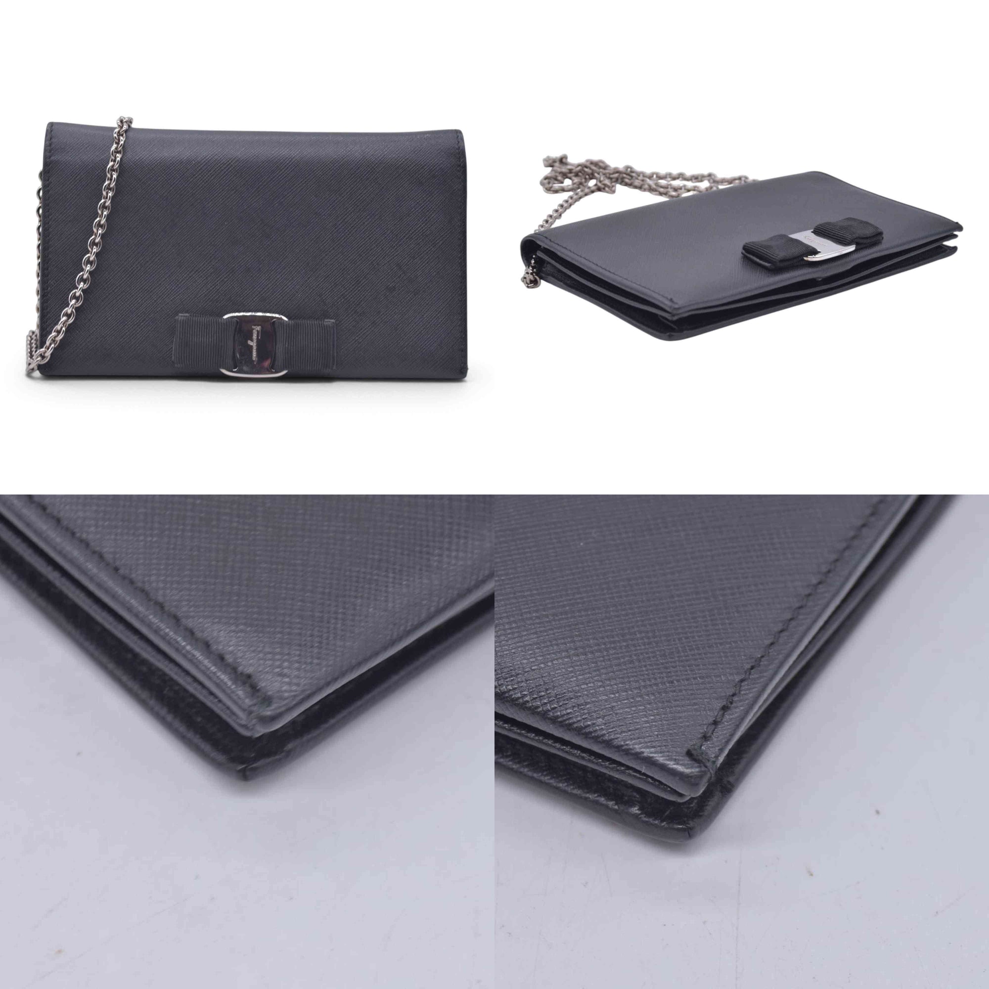 $650 SALVATORE FERRAGAMO Vara Bow Saffiano Leather Chain Flap Wallet Crossbody Black CONSIGNMENT 10021560