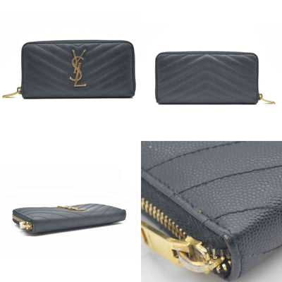 $950 Saint Laurent Grain De Poudre Matelasse Chevron Monogram Zip Around Wallet Black 2015