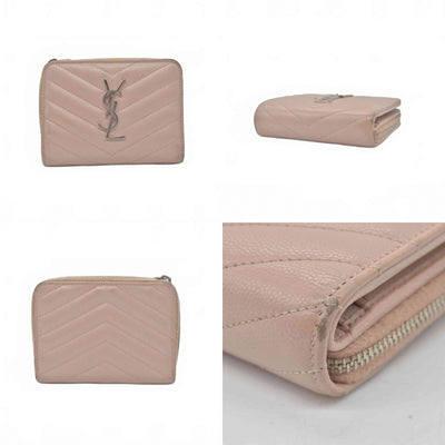 $625 Saint Laurent Grain De Poudre Matelasse Chevron Monogram Compact Zip Around Wallet Pink