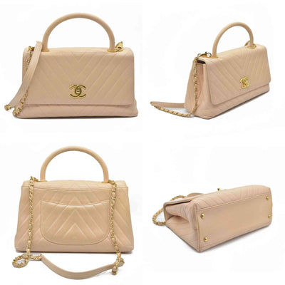 $7300 Chanel  Calfskin Chevron Quilted Medium Coco Handle Flap Beige