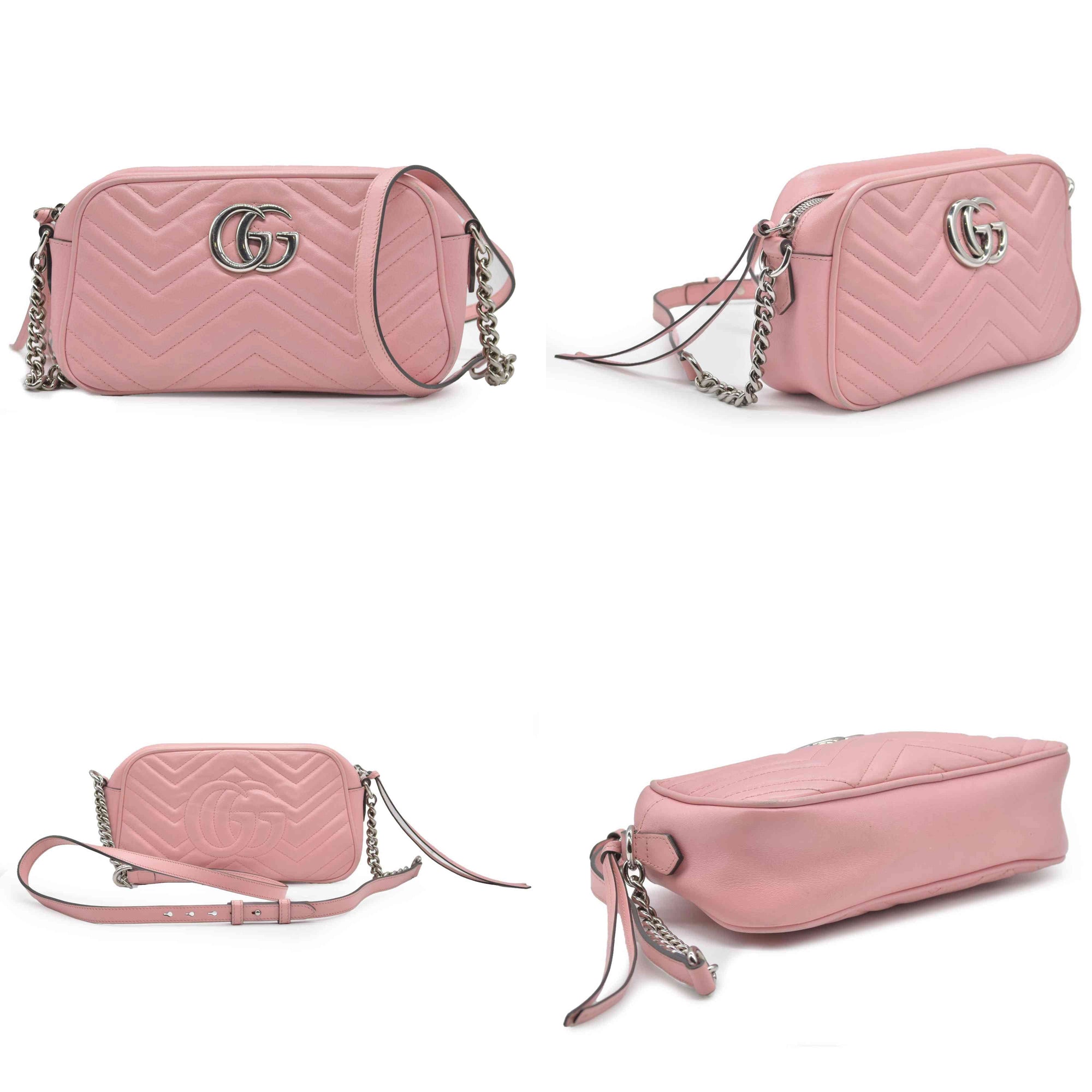 $1950 Gucci Calfskin Matelasse Small GG Marmont Chain Shoulder Bag Wild Rose