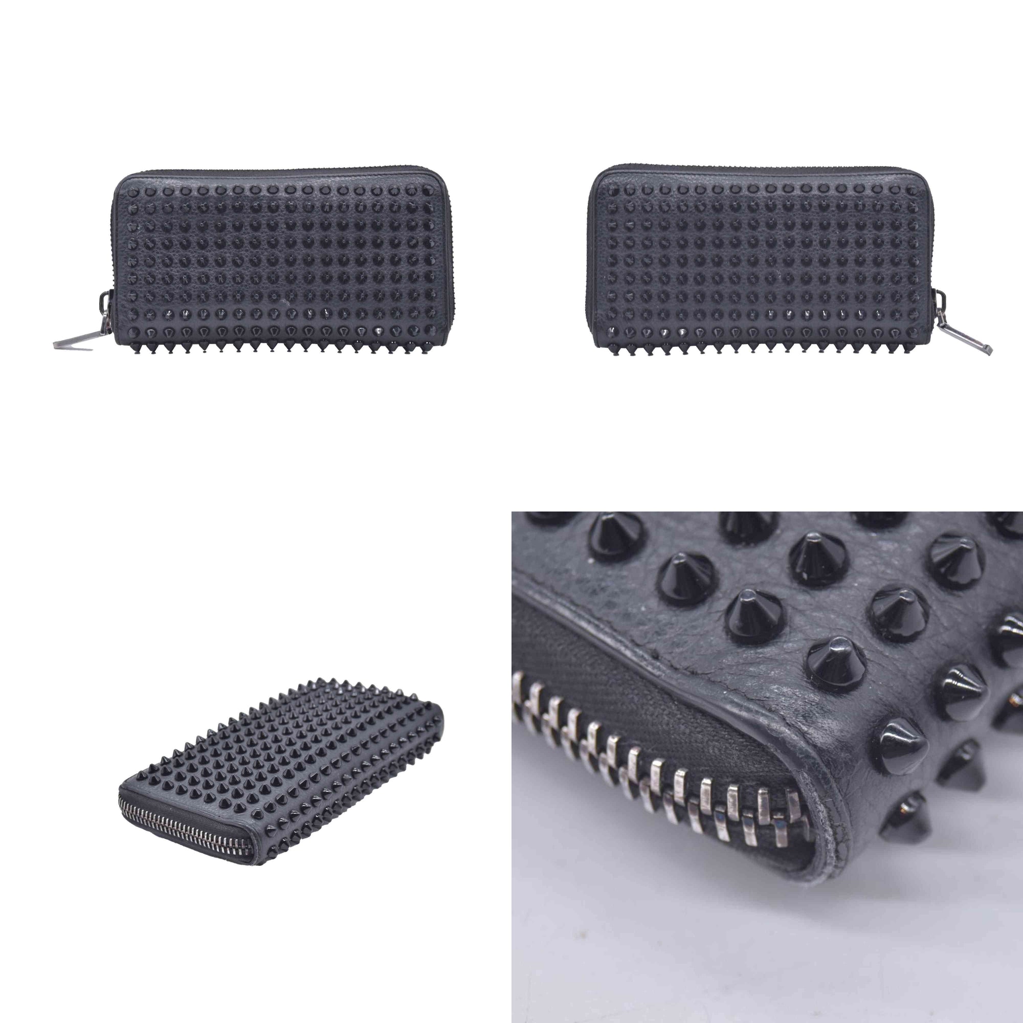 $950 Chrisitian M Panettone Grained Calf leather and Spikes Wallet Black CONSIGNMENT 10021286