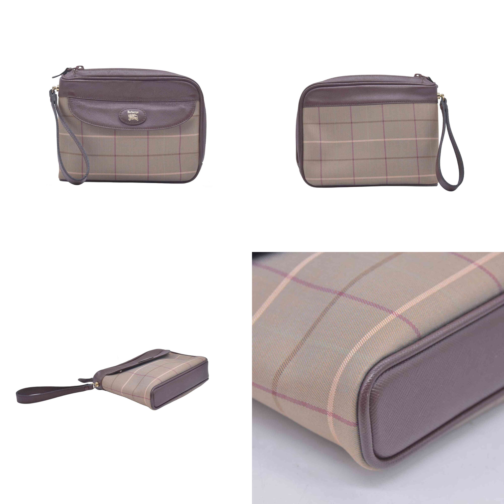 $550 Burberry Vintage Burberrys Check Canvas & Leather Wristlet Pouch CONSIGNMENT 10021044