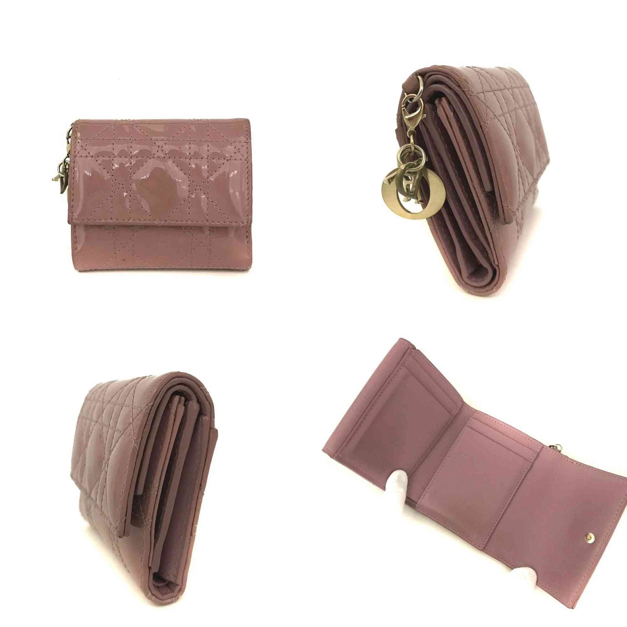 $710 Christian Dior Cannage Patent Leather Trifold Wallet Pink