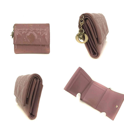$710 Christian Dior Cannage Patent Leather Trifold Wallet Pink