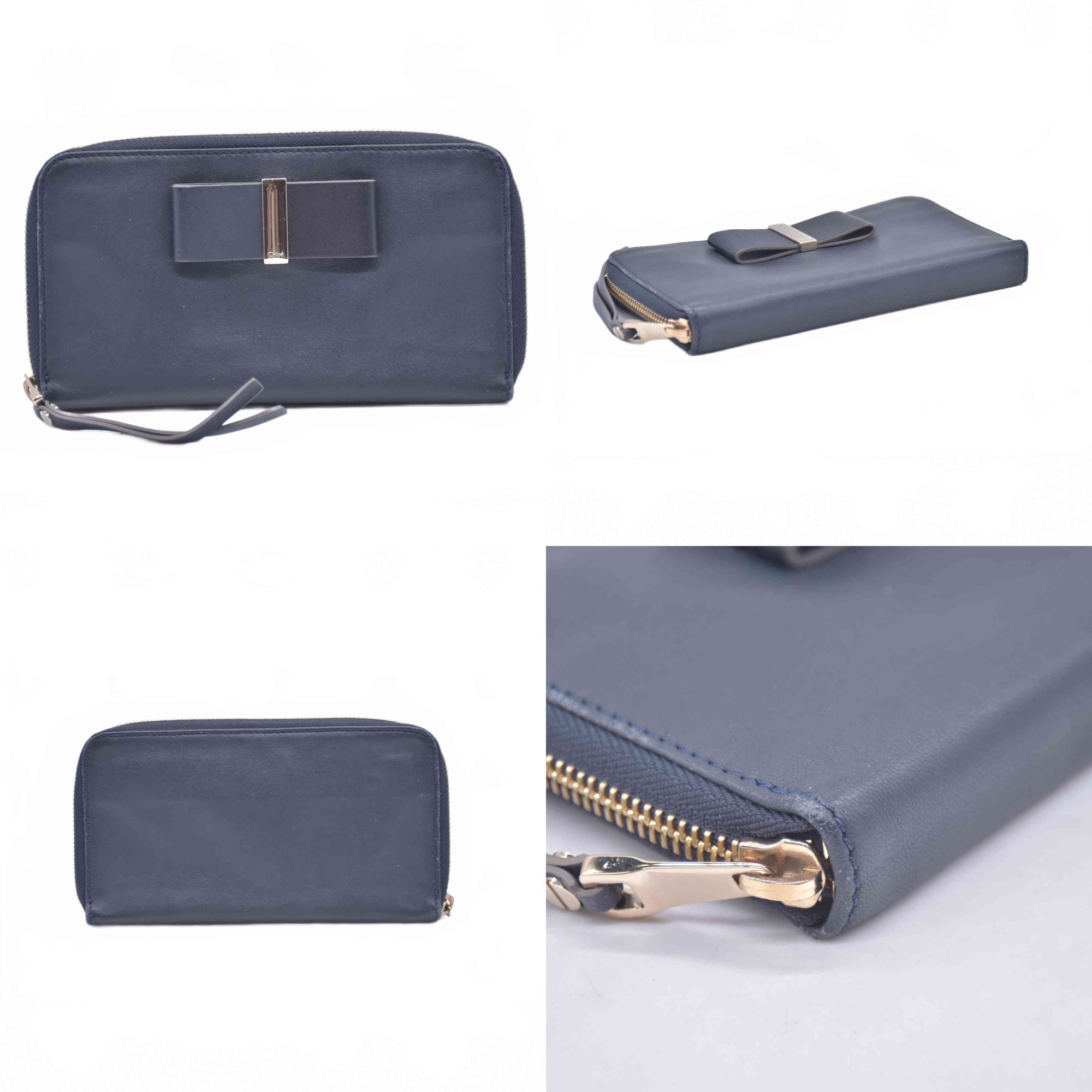 $550 Chloe Blue Leather Bow Bobbie Zippy Long Wallet 10020987