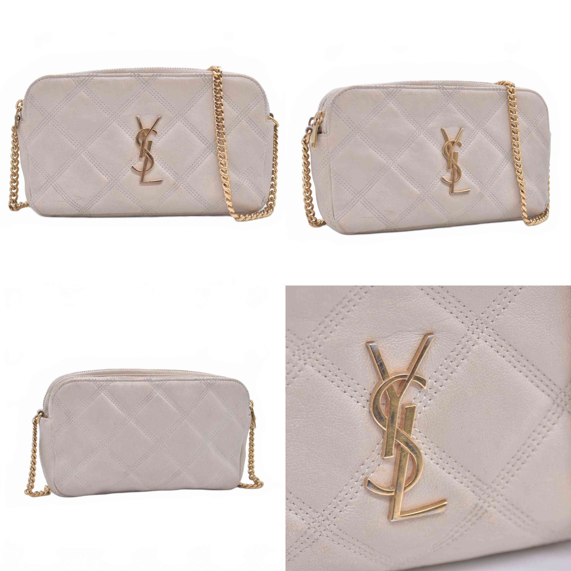 $1350 2021 Saint Laurent Grained Lambskin Quilted Mini Becky Double Zip Bag Cream 10021094