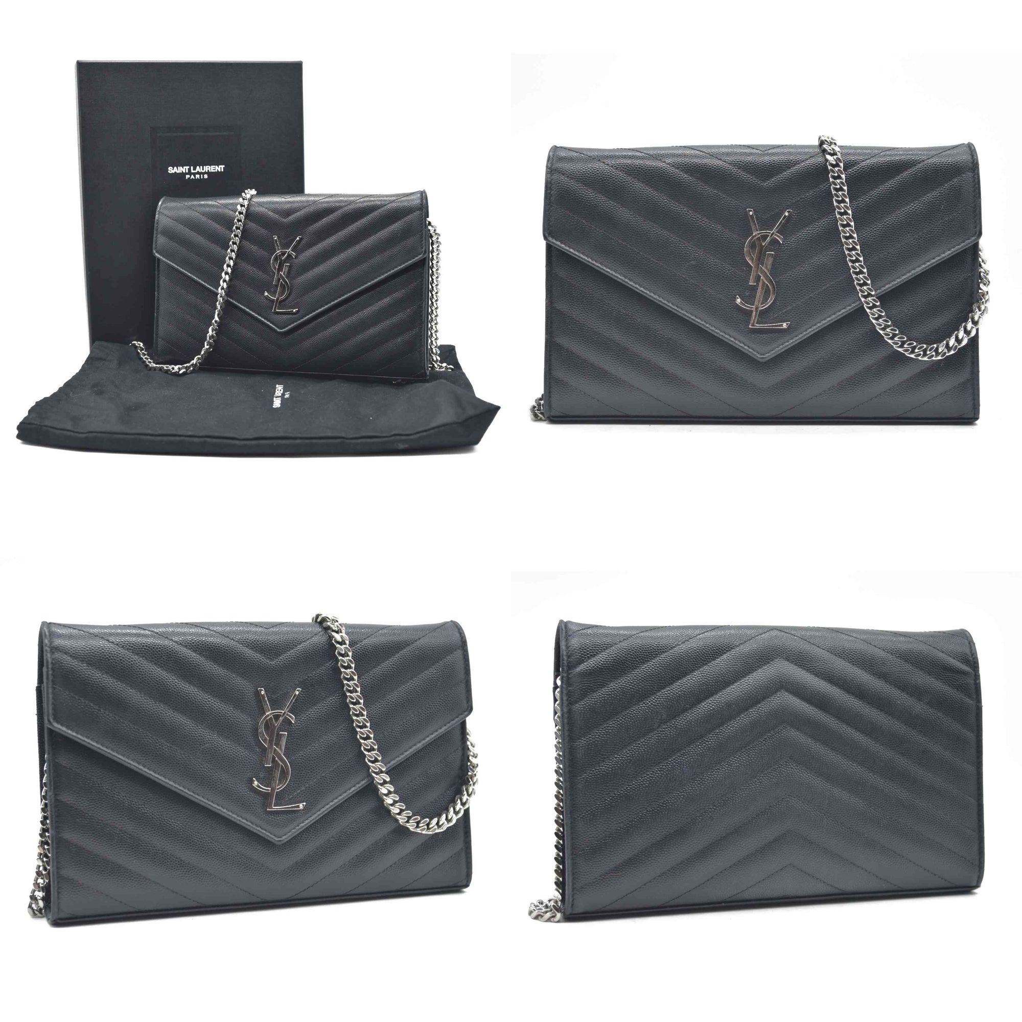 $1600 Saint Laurent Grain De Poudre Matelasse Chevron Monogram Envelope Chain Wallet Black CONSIGNMENT