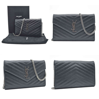 $1600 Saint Laurent Grain De Poudre Matelasse Chevron Monogram Envelope Chain Wallet Black CONSIGNMENT