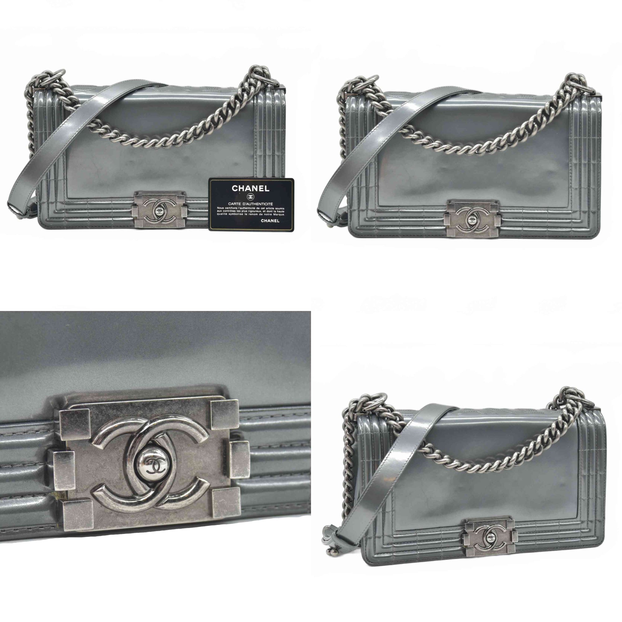 $4700 2012 Chanel Medium Boy Electric Silver Patent Leather Logo CC Flap
