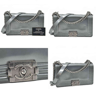 $4700 2012 Chanel Medium Boy Electric Silver Patent Leather Logo CC Flap