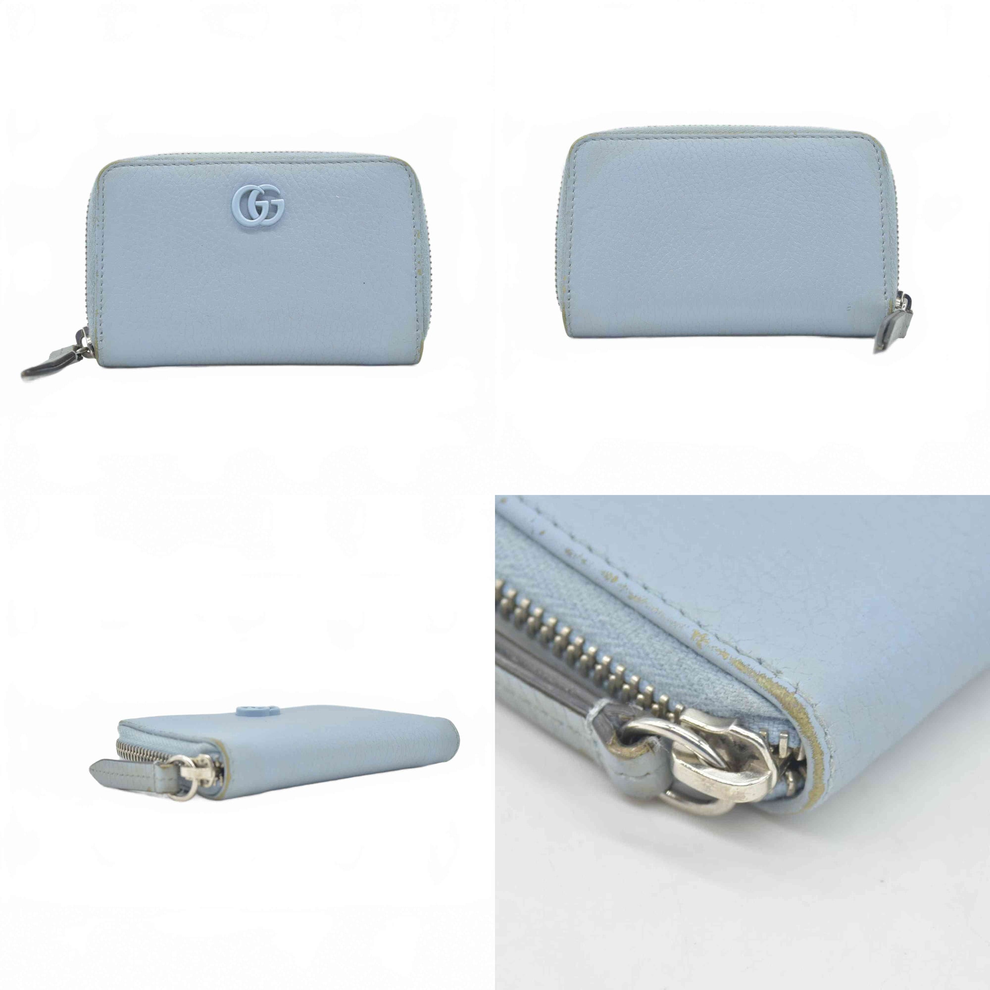 $660 Gucci Blue Calfskin Monochrome Dollar GG Marmont Zip Around Card Holder