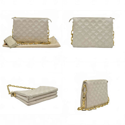 $4950 Louis Vuitton Lambskin Embossed Monogram Coussin PM Beige Cream