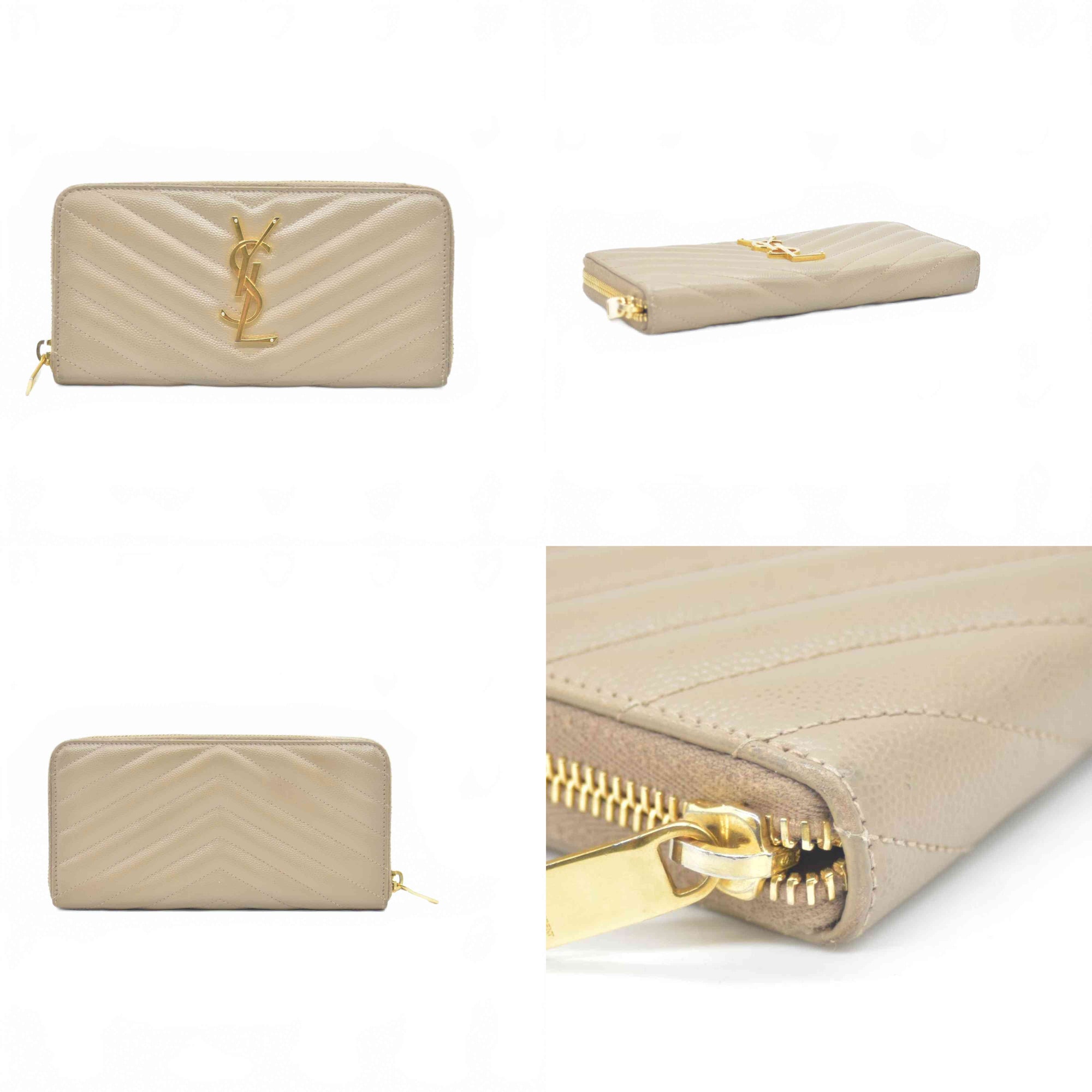 Saint Laurent Cassandre Matelassé Zip Around Wallet Beige CONSIGNMENT