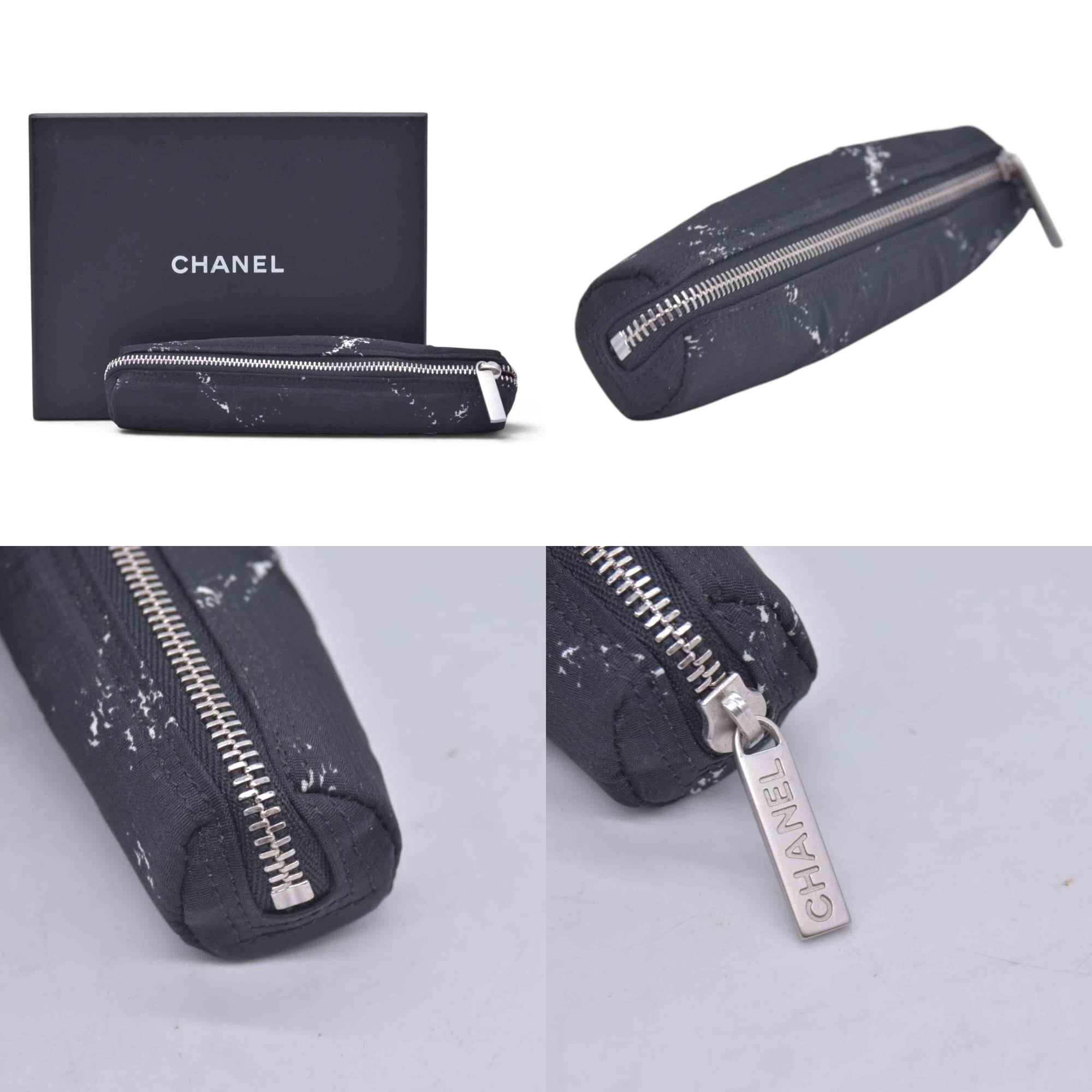 $480 CHANEL Old Travel Line Pencil Case Cosmetic Pouch Black White CONSIGNMENT 10021626